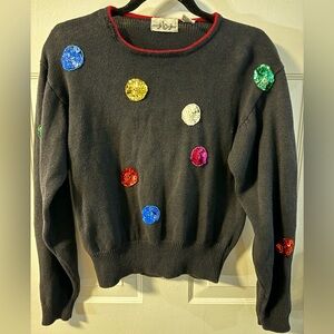 80's Polka Dot Sequin Vintage Black Sweater Lrg Fun Unique Party Top Grannycore